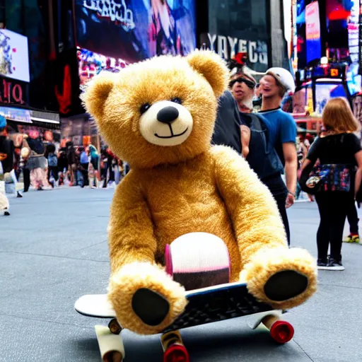 Prompt: a teddy bear on a skateboard in times square