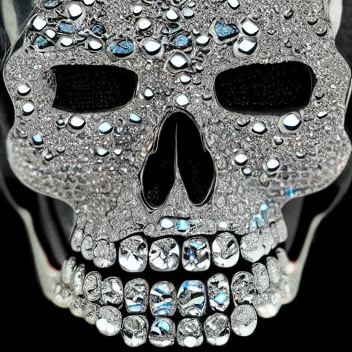 Prompt: jewelry skull made of holographic crystals, high contrast, close shot, commercial, studio light, dark background