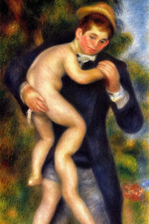 Image similar to a man holding his child over his shoulders walking near the beach, anatomically correct, painting by renoir, masterpiece