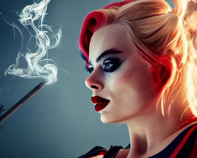 Margot Robbie as a harley quinn smoking a cigarette, | Stable Diffusion