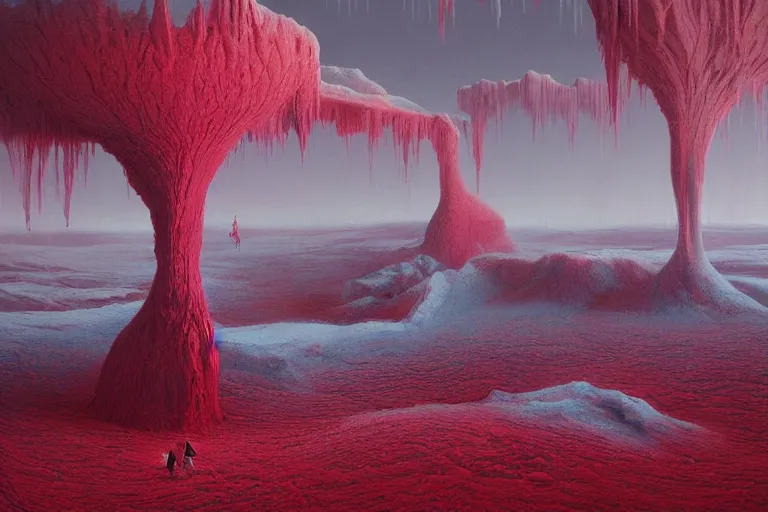 Image similar to surreal frozen landscape, painting by beeple and zdzisław beksinski, red color scheme, a matte painting by li shida, cgsociety, context art, redshift, matte painting, reimagined by industrial light and magic