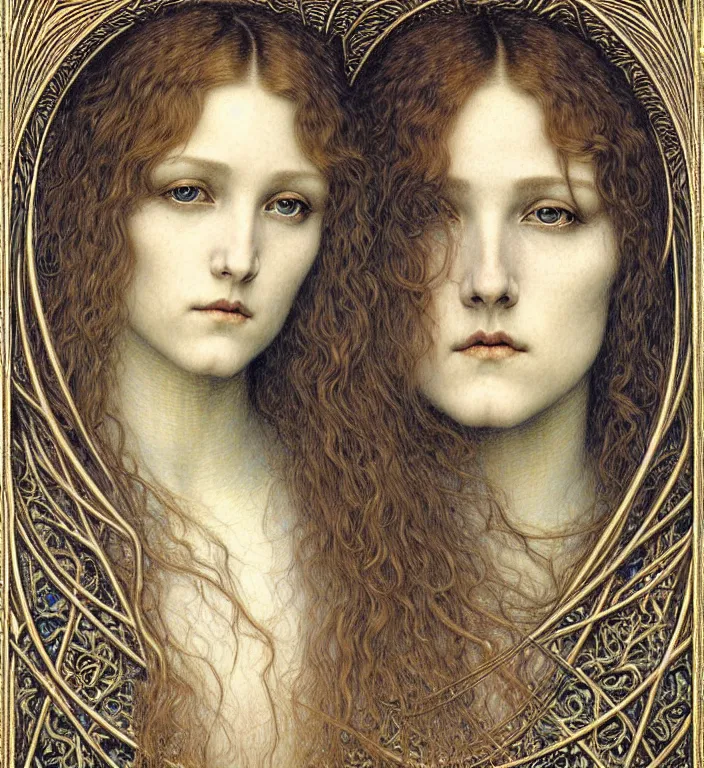 Image similar to detailed realistic beautiful young medieval queen face portrait by jean delville, gustave dore and marco mazzoni, art nouveau, symbolist, visionary, gothic, pre - raphaelite. horizontal symmetry