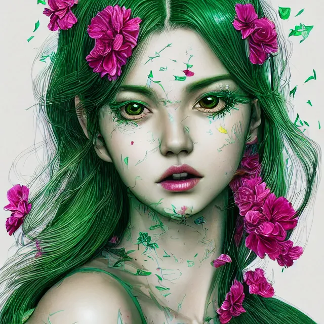 Image similar to an absurdly beautiful, elegant, young hypercolorful sensual gravure idol partially made up of emeralds and green petals, ultrafine hyperrealistic detailed face illustration by kim jung gi, irakli nadar, intricate linework, sharp focus, bright colors, matte, octopath traveler, final fantasy, unreal engine highly rendered, global illumination, radiant light, intricate environment