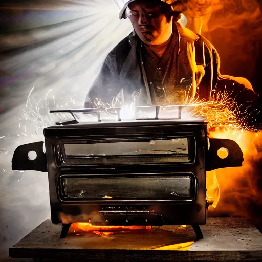 Prompt: cyborg toaster oven repairman, dark messy smoke - filled cluttered workshop, dark, dramatic lighting, orange tint, sparks, plasma rays, cinematic, highly detailed, sci - fi, futuristic, movie still, rule of thirds composition