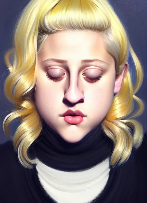 Image similar to full body portrait, teenage lili reinhart, blonde hair, obese, bangs, ponytail, sultry, realistic, sweater, fluffy bangs, fully clothed, curly bangs, fat, belly, intricate, elegant, highly detailed, digital painting, artstation, concept art, smooth, sharp focus, illustration, art by wlop, mars ravelo and greg rutkowski