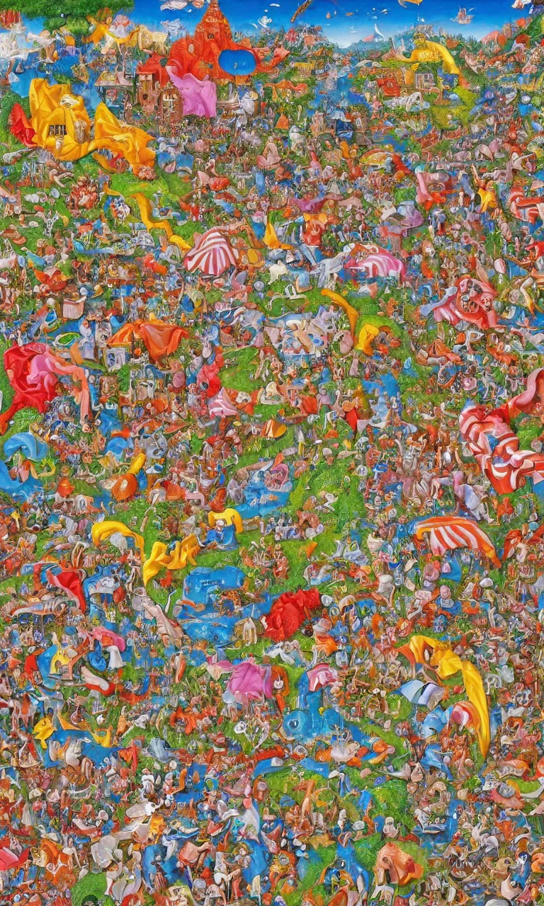 Image similar to an incredibly detailed masterpiece painting of a Where's Waldo puzzle by bosch and lisa frank, ornate, beautiful, bold colors, detailed, high resolution, wow!, intricate