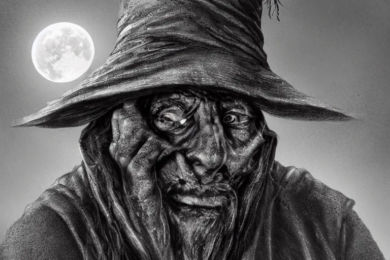 Prompt: a blind old wizard in a pointed hat, fear in empty eyes, sad face, dark night, full moon, extreme close up, crows on the oak tree, highly detailed digital art, photorealistic