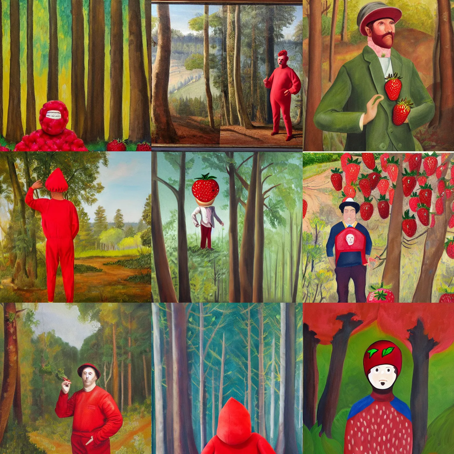 Prompt: painting of a man wearing a strawberry costume, forest in the background