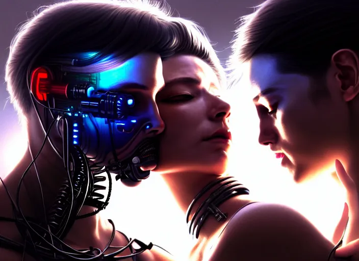 Image similar to cyberpunk, sci - fi, fantasy, hyper realistic ultra realistic medium shot of a couple of cyborgs kissing, lovers, artstation, soft light, volumetric lighting, night, intricate, highly detailed, digital painting, concept art, smooth, sharp focus, illustration, art by artgerm and greg rutkowski and alphonse mucha