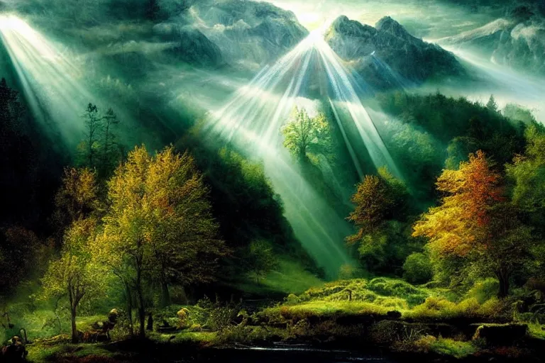 Image similar to masterpiece lord of the rings painting of trees on a hillside overlooking a creek, dramatic lighting with god rays, by andreas franke