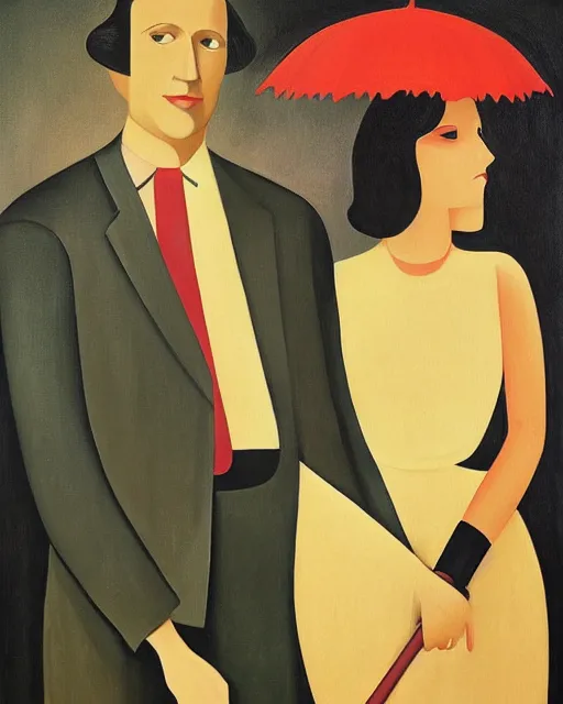 Image similar to a painting of a man and a woman holding an umbrella, an art deco painting by Grant Wood, featured on behance, american scene painting, movie poster, poster art, concert poster