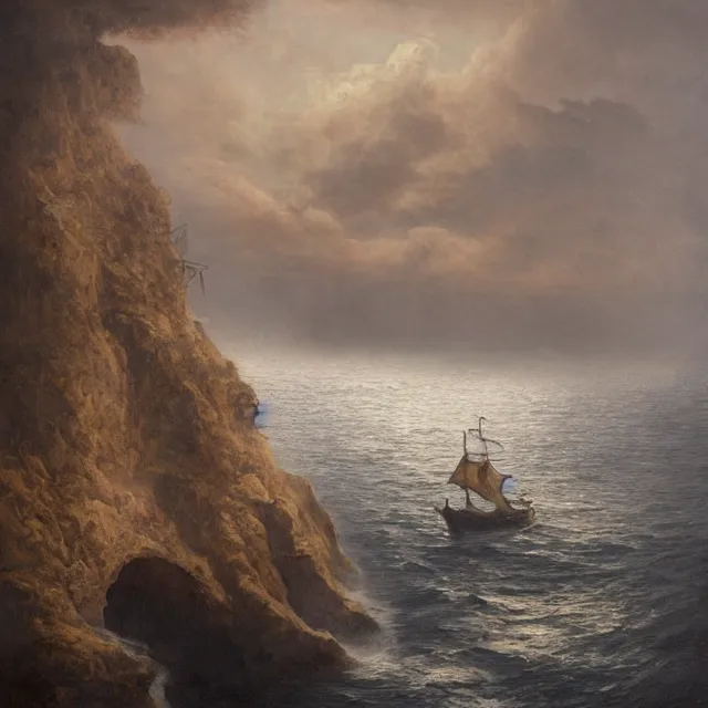 Prompt: photorealistic sepia painting of a pirate ship sailing in front of a tropical island cliff with the mouth of a grotto at the waterline, dark, brooding, atmospheric, lovecraft, by dave dorman