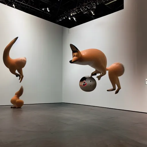 Image similar to rotund obese fox, glossy resin statue, Ron Mueck masterpiece in exhibition, wide angle shot