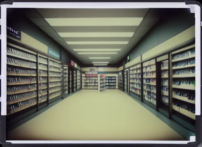 Image similar to polaroid photograph of an empty blockbuster store, liminal space, familiar place, mannequins, black mold, amateur, unreal engine, photorealistic, trending on artstation
