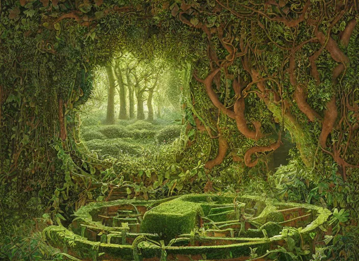 Image similar to jim henson's labyrinth. hedge maze. a green and luscious expanse of ivy - strewn trellises and thick green hedges stretches out in front of you. by edgar maxence and caravaggio and michael whelan and delacroix style, artistic, intricate painting, cinematic lighting, hyper realistic, extremely detailed, vivid colors, establishing shot, dramatic lighting