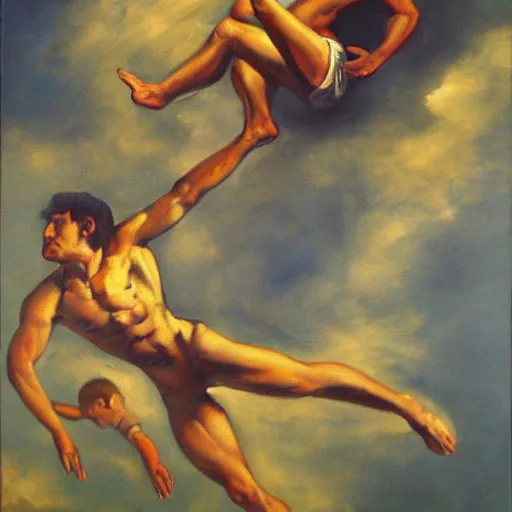 Image similar to Man falling from heaven. Oil painting.