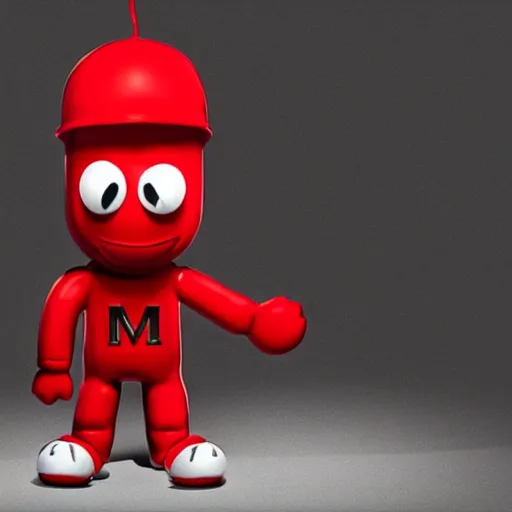 Image similar to eminem as the red m character standing on a floor coverd with m & m candies, m & m candy dispenser!!!, round red m & m figure, m & m mascot, m & m figure, m & m plush, unreal engine, studio lighting, figurine, unreal engine, volumetric lighting, artstation, cosplay, by hans bellmer