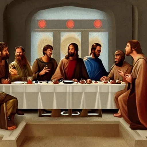 Prompt: the cast of Star Wars at the last supper