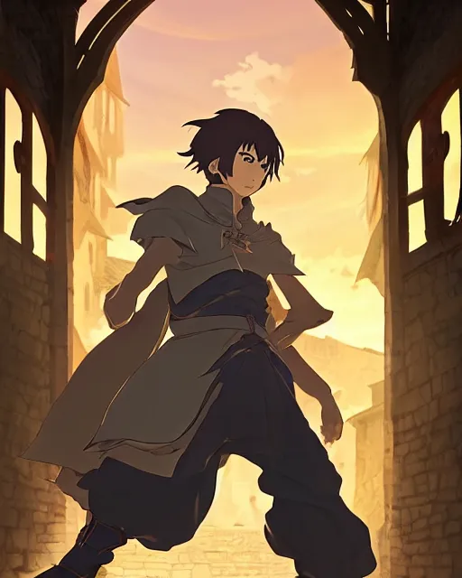 Image similar to key anime visual portrait of a young male warlock walking through a medieval village, dynamic pose, dynamic perspective, detailed silhouette, film grain, face by yoh yoshinari, detailed, intricate