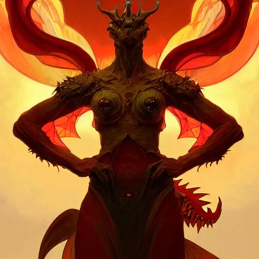 Prompt: full figure dragon, frontal view, luminous scene, by greg rutkowski and alphonse mucha, d & d monster, gradient yellow to red, in hell, highly detailed, digital painting, artstation, concept art, smooth, sharp focus illustration, artstation hq
