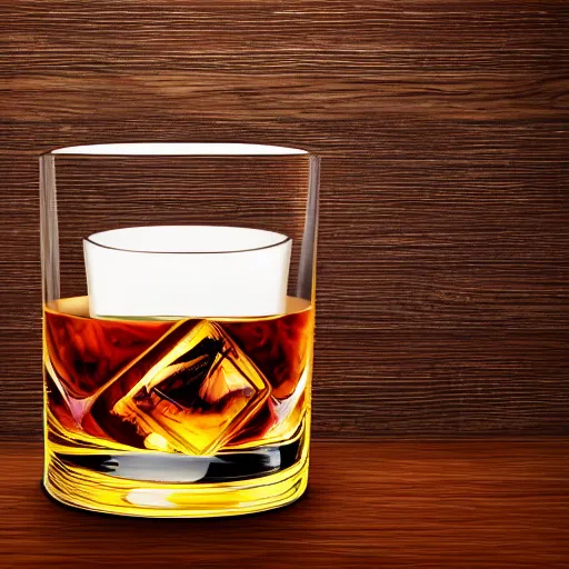 Prompt: a realistic photograph of a glass of whiskey on a wooden table, ultra hd