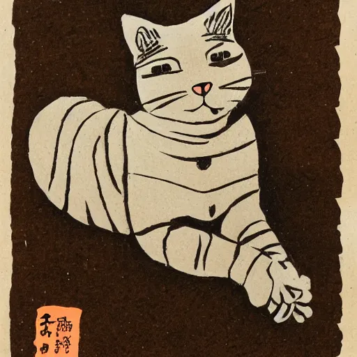 Prompt: cat made of coffee beans in lithography style of ogata korin