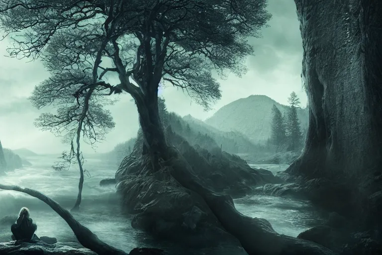 Image similar to an ultra realistic, cinematic headshot portrait, of an evil wizard, background of a vast serene landscape, with trees and rivers, detailed, deep focus, movie still, dramatic lighting, ray tracing, by michal karcz and yoshitaka amano