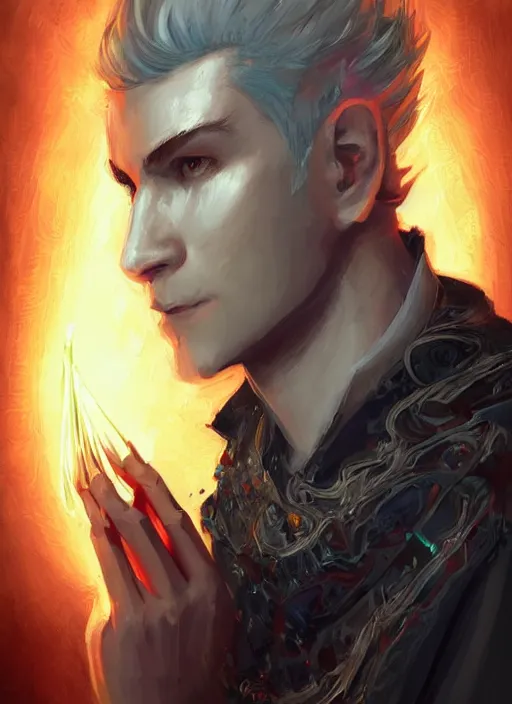 Image similar to character concept portrait of a handsome young warlock with pale white skin and buzzed short spiky hairstyle casting a dark magic spell with red and orange glowing runes, a floating iridescent spell book, intricate, elegant, digital painting, concept art, smooth, sharp focus, illustration, from Metal Gear, by Ruan Jia and Mandy Jurgens and Artgerm and William-Adolphe Bouguereau