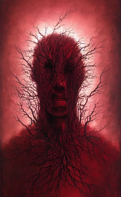 Image similar to black dramatic portrait painting of human with black mandelbrot fractal instead of face, in style of zdzisław beksinski, dark red, horror, body horror, scary,