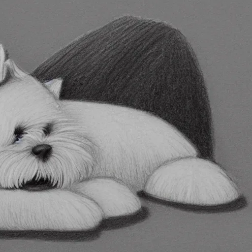 Image similar to A detailed drawing of a fluffy dog rolling over and looking at the viewer trending on artstation