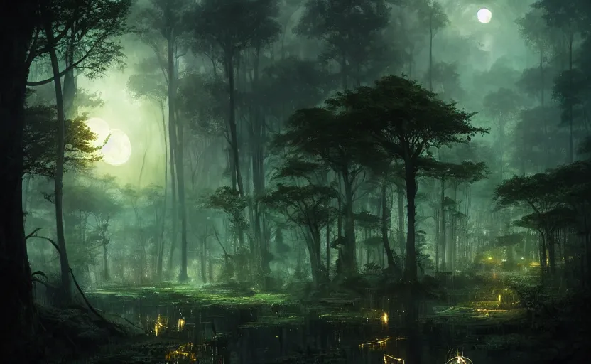 Prompt: a dark lush forest at nighttime, lit by bioluminescent water lotuses, moon hidden behind clouds, fantasy digital painting, stunning intricate details, artwork by ross tran and greg rutkowski