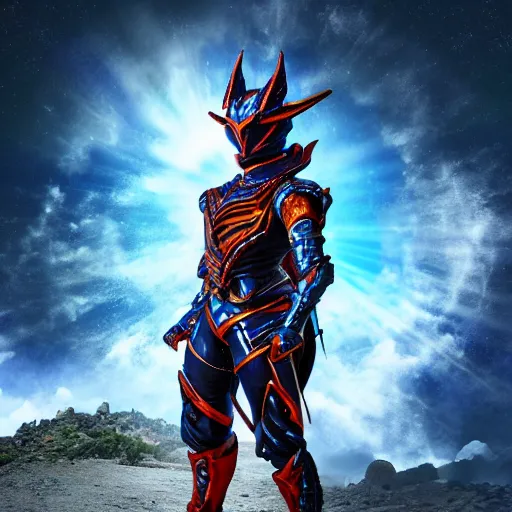 Image similar to High Fantasy Kamen Rider standing in a rock quarry, full body, 4k, glowing eyes, daytime, rubber suit, dark blue segmented armor, dragon inspired armor