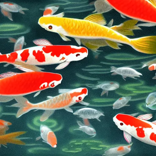 Prompt: dozens of the koi fish swimming in the open space, digital painting by Jonathan Quintin
