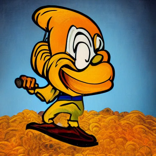 Image similar to Scrooge McDuck from the Duck Tales in blue costume standing on a mountain of gold and holding a cane, view from below, full body portrait, oil painting, highly detailed