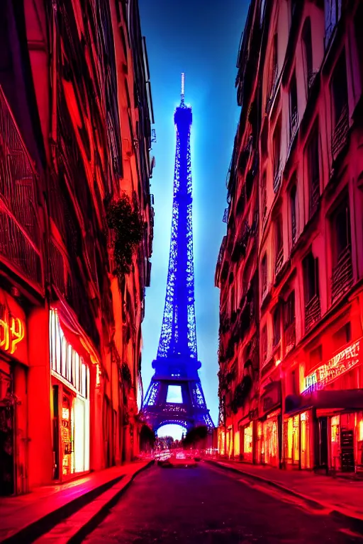 Prompt: neon streets of paris with eiffel tower, 4 k, award winning photo, cyberpunk style