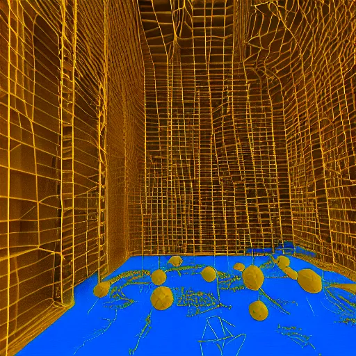 Image similar to 3 d render of a 3 d physarum simulation, yellow over blue background, octane, detailed, new media art