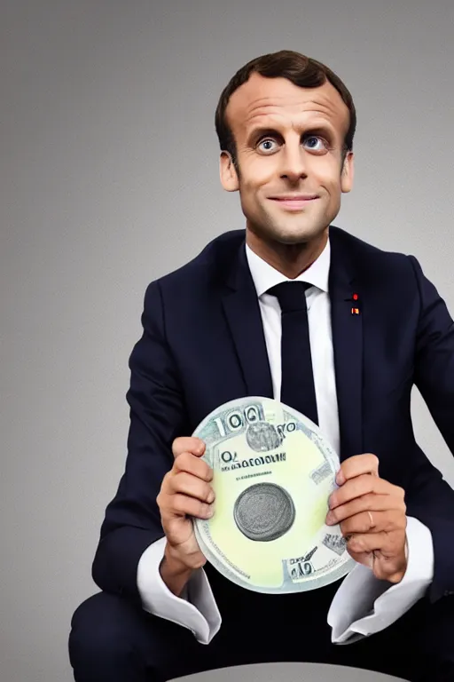 Image similar to Emmanuel Macron sitting on a huge pill of money, cartoon, white background