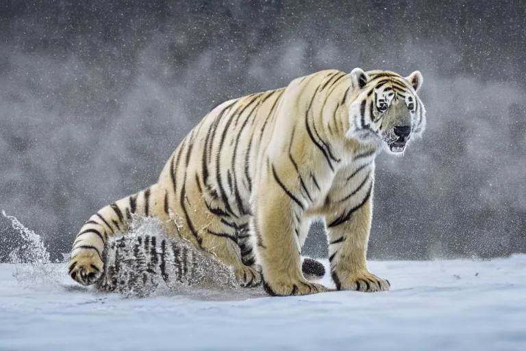 Image similar to a tiger polar bear!!! hybrid! hyper realistic!! realistic lighting!! wildlife photographer of the year!!! bold natural colors, national geographic, hd, wide angle, 8 k