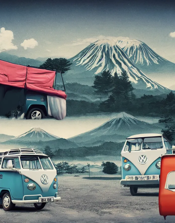 Image similar to vw camper touring rural japan, a collage painting, in the style of wes anderson, lola dupre, david hockney, isolated on negative white space background dark monochrome fluorescent spraypaint accents volumetric octane render, no double figure