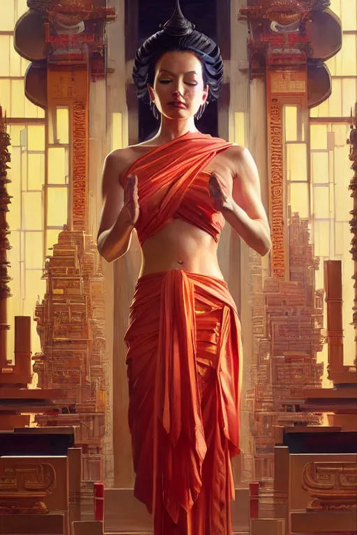 Image similar to temple, buddhism, futurism, painting by greg rutkowski, j. c. leyendecker, artgerm, donato giancola