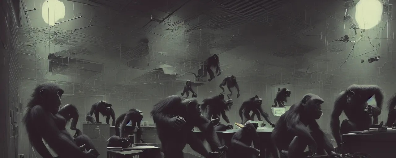 Prompt: duotone noir concept illustration of group wild and crazy chimps ruining inside of office rooms, octane render, concept hideo kojima surreal atmosphere, volumentric lighting. cosmic horror. accidental renaissance. by sachin teng and sergey kolesov and ruan jia and heng z. graffiti art, scifi, fantasy, hyper detailed. trending on artstation