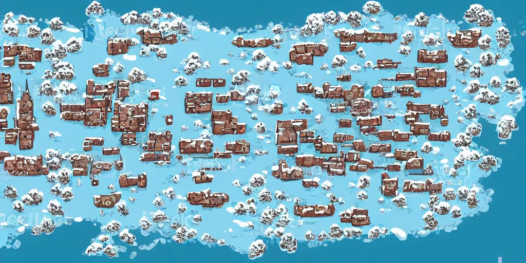 Image similar to a high detailed winter snow ice fantasy bandit camp vector art an aerial view of a cartoonish rpg village by dungeondraft, dofus, patreon content, hd, straight lines, vector, grid, dnd map, map patreon, fantasy maps, foundry vtt, fantasy grounds, aerial view, dungeondraft, tabletop, inkarnate, dugeondraft, roll 2 0