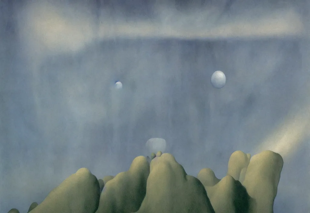 Image similar to shy mountain summit taking a peek through the clouds, fog, with curious eyes. joy of life happy flying creature devil dream mothership with petal wings. iridescence glowing. painting by yves tanguy, jean delville, rene magritte, max ernst, monet