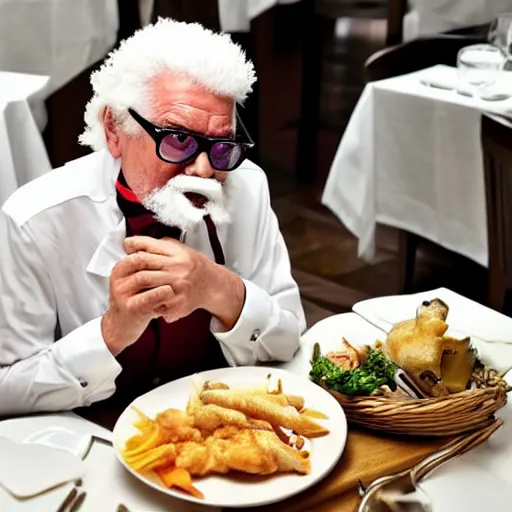 Image similar to colonel sanders eating in a michelin star french restaurant