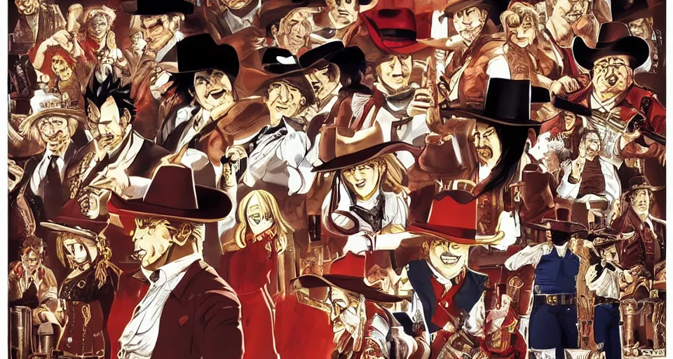 Image similar to detailed ultra sharp, red female sheriff, global lighting, theme saloon from a western, western saloon, booze, revolver, cigars, sheriff sitting in a saloon, all in the style of yoshihiro togashi.