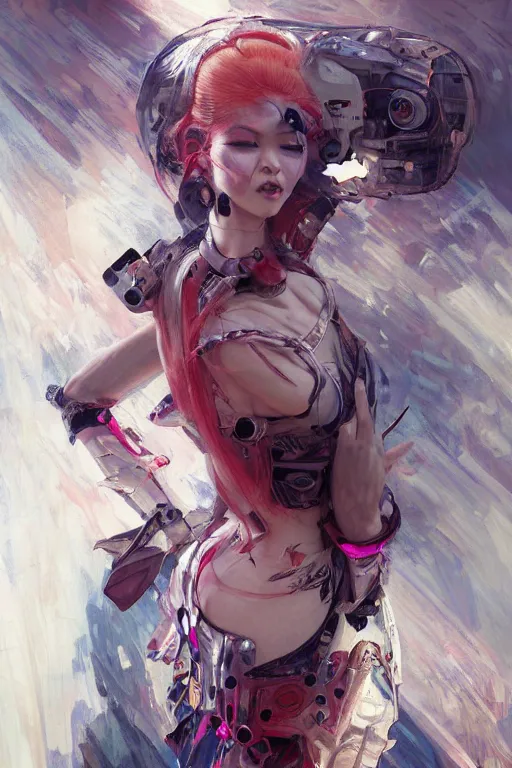 Image similar to > professional dynamtic portrait of female an agile geisha cyberpunk in a dynamic pose , armor elements , long red hair, beautiful bone structure, symmetrical facial features, intricate, elegant, digital painting, concept art, smooth, sharp focus, illustration, by Ruan Jia and Mandy Jurgens , and mucha, and Artgerm and William-Adolphe Bouguerea