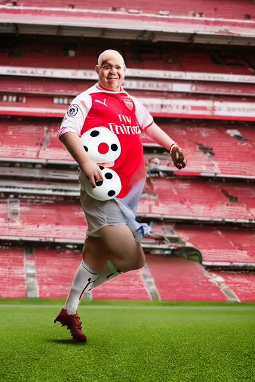 Image similar to mr blobby playing football in the stadium wearing the red and white arsenal shirt, photographed, sunny day, portrait, photographic