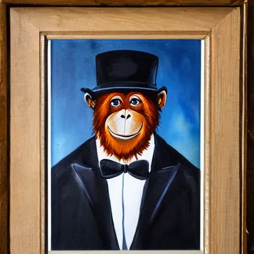 Prompt: framed portrait painting of an anthropomorphized orangutan, wearing a monocle and a small bowler hat, oversized mustache. dark outlining style. highly detailed. style of chuck u