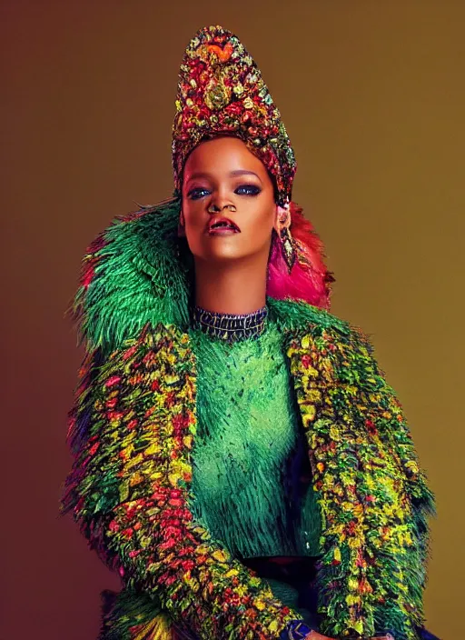 Prompt: rihanna styled by nick knight, colourful clothing, intricate headpiece, posing, high fashion classy, glamour, full body shot, set pieces, intricate set, vogue magazine, canon, highly realistic. high resolution. highly detailed. dramatic. 8 k. 4 k.