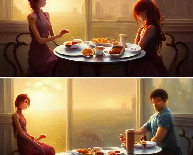 Prompt: photography of breakfast at tiffany's, different snap shots of the movie, intricate, elegant, highly detailed, digital painting, artstation, matte, illustration, art by artgerm, greg rutkowski, loish, rhads, ferdinand knab, makoto shinkai, lois van baarle, ilya kuvshinov, rossdraws, tom bagshaw